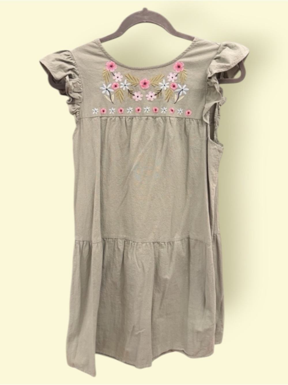 Ladies Sage Green Floral Embroidered Ruffle Dress